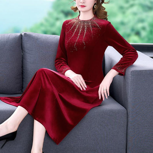 Elegant Rhinestone Round Neck Midi Dress