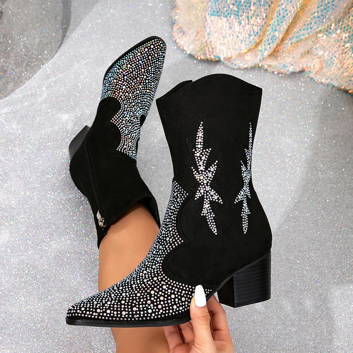 Eye-catching Rhinestone Suede Block Heel Boots