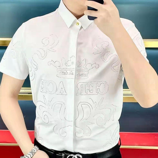 Ironed Rhinestone Court Print Slim Fit Shirt