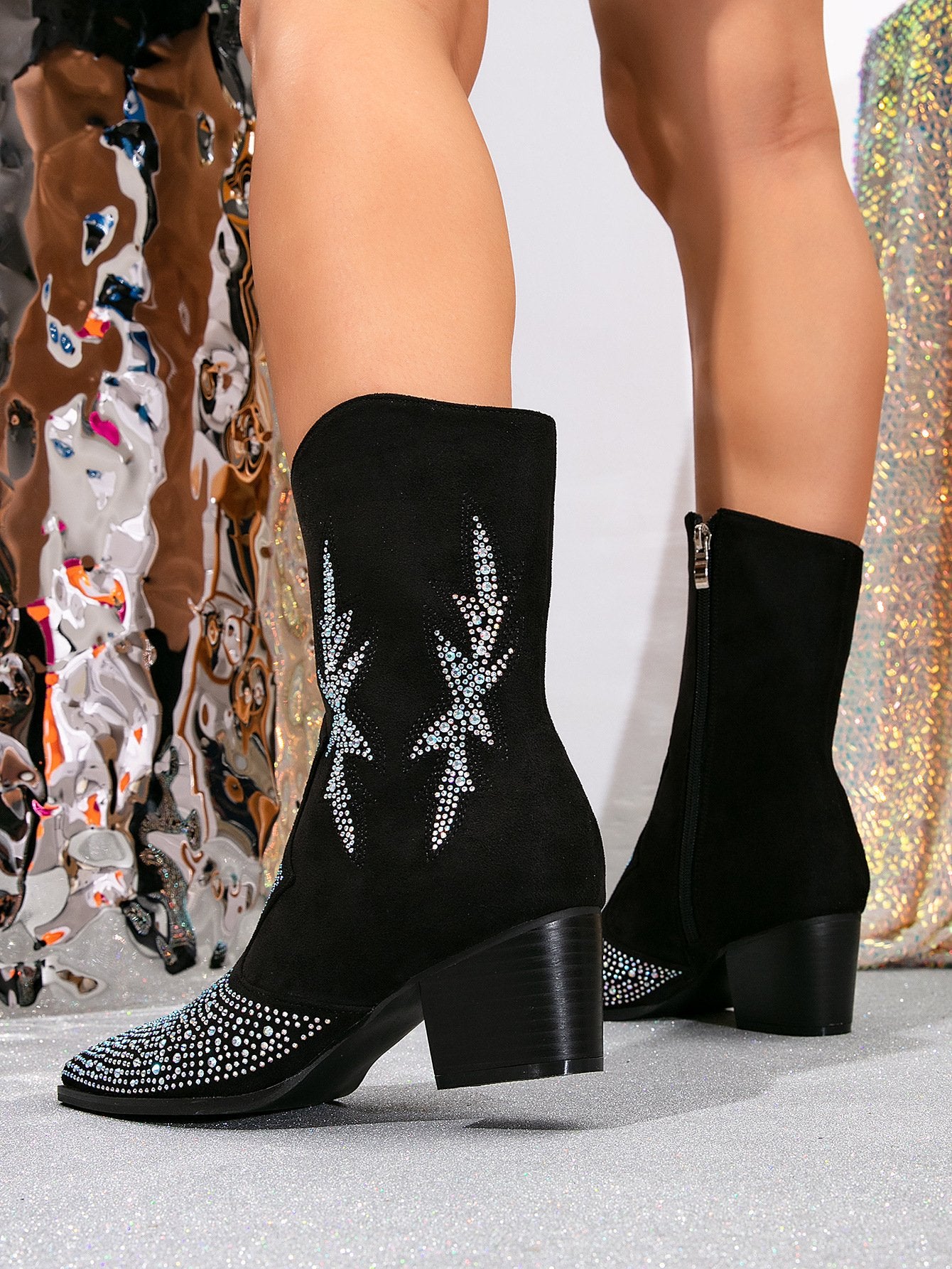 Eye-catching Rhinestone Suede Block Heel Boots