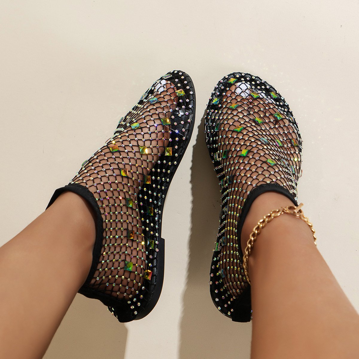 Stylish Large Rhinestone Mesh Sandals