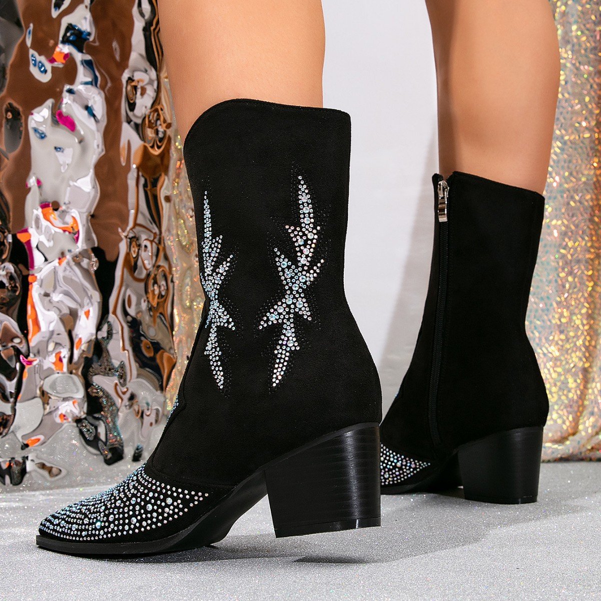 Eye-catching Rhinestone Suede Block Heel Boots