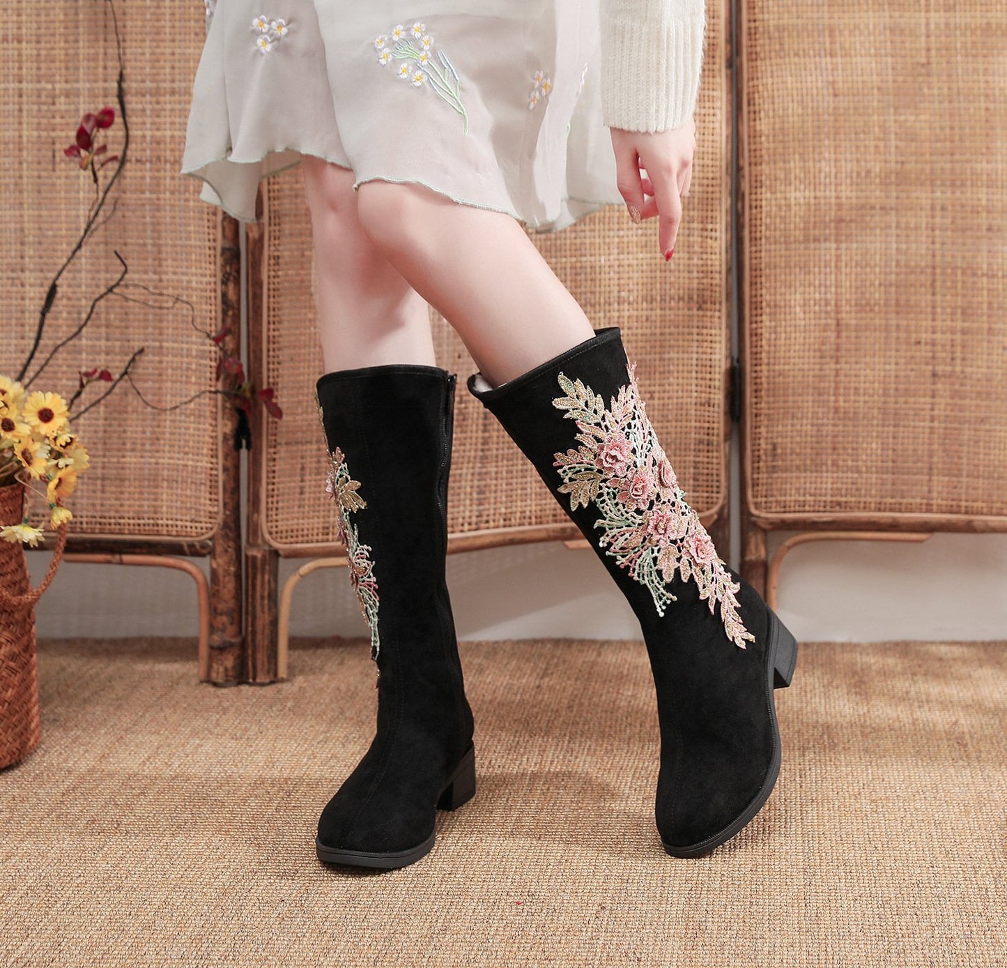 Elegant Floral Embroidered Suede Boots