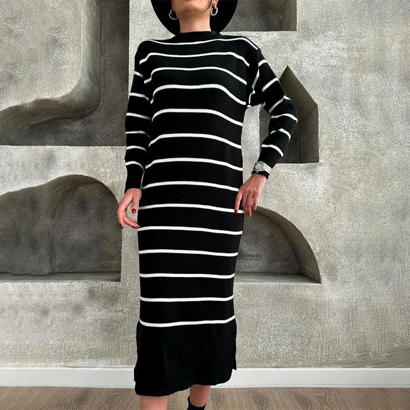 Fashionable Striped Contrasting Loose Slit Maxi Dress