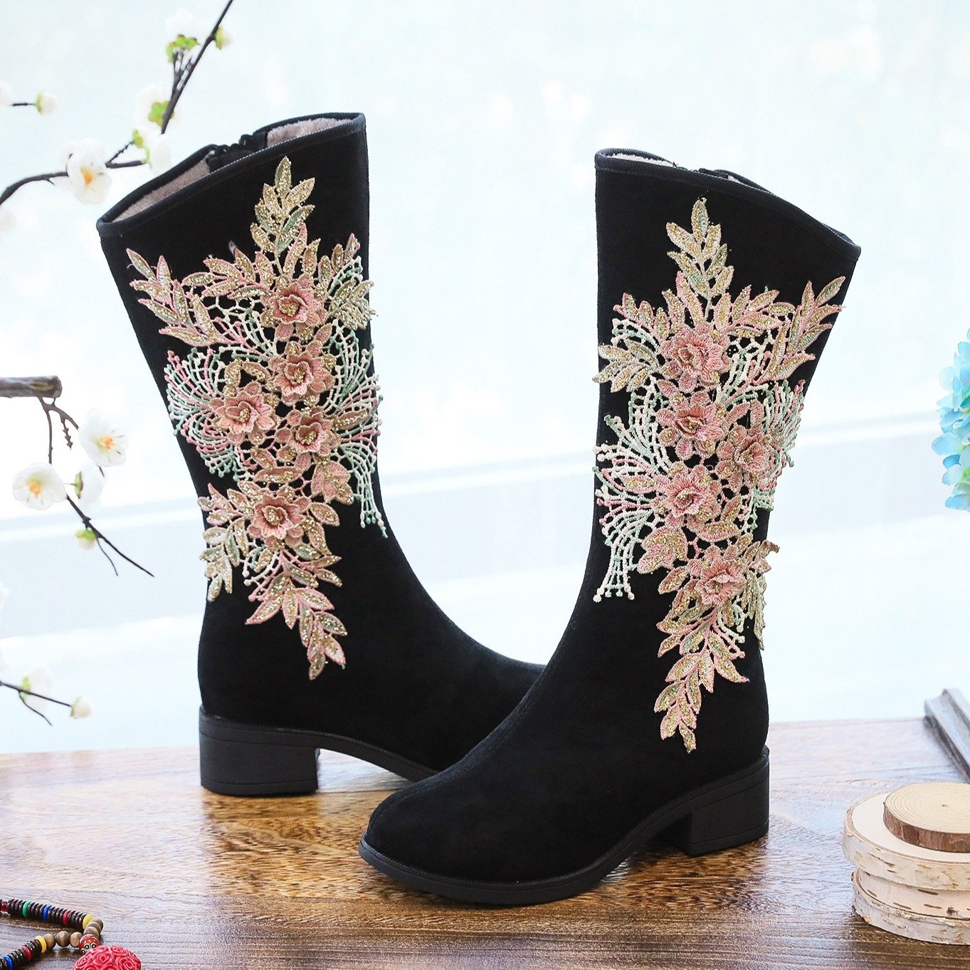 Elegant Floral Embroidered Suede Boots