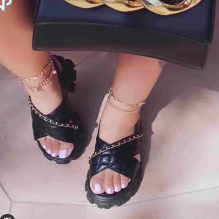 Chain Embellished Cross Diamond Check Sandals