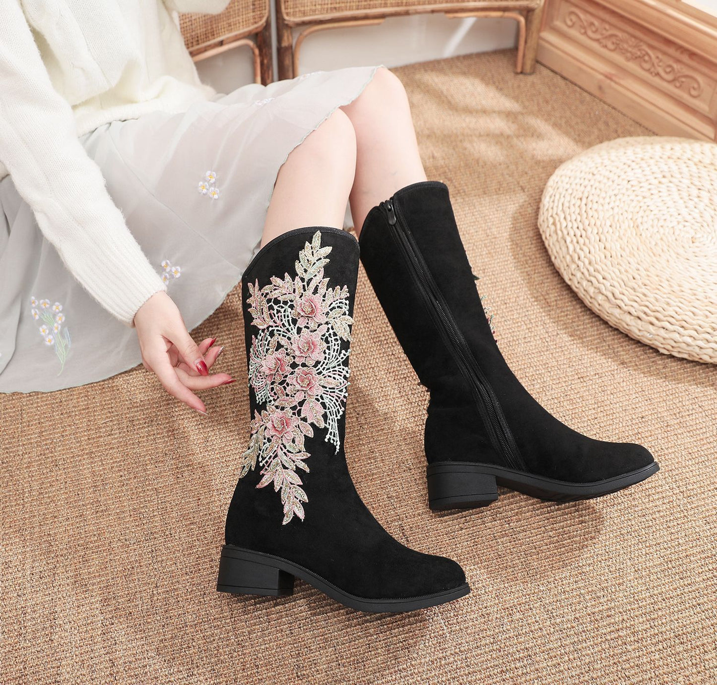 Elegant Floral Embroidered Suede Boots