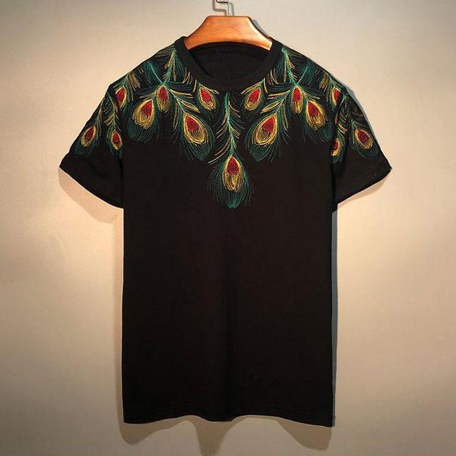 Peacock feather embroidered T-shirt
