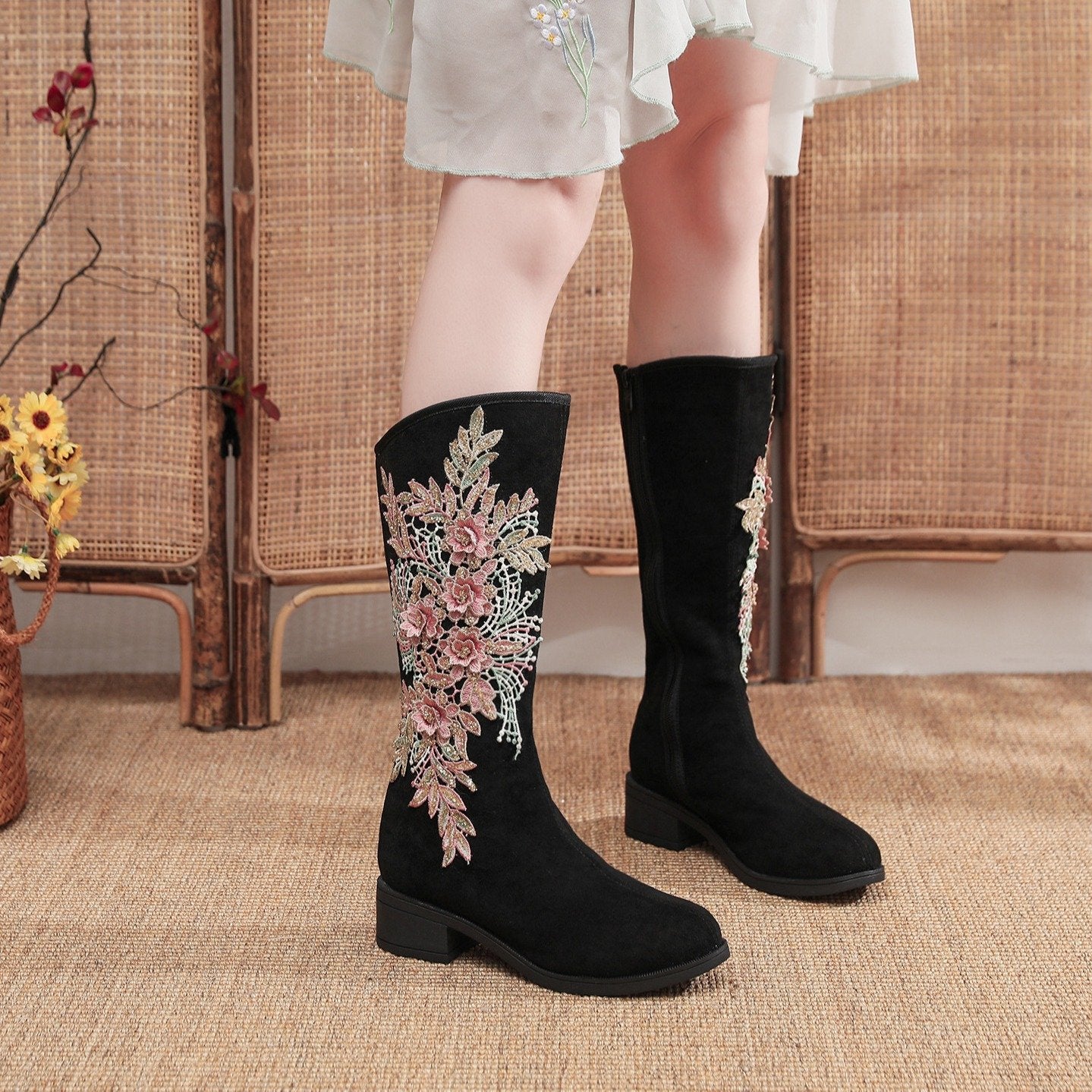 Elegant Floral Embroidered Suede Boots