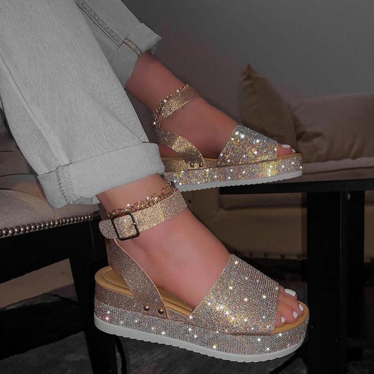 Sparkling Rhinestone Platform Buckle Sandals