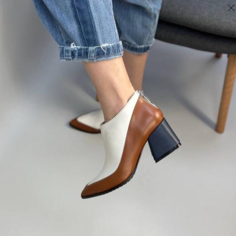 Colorblocked Leather Chunky Heel Women's Ankle Boots