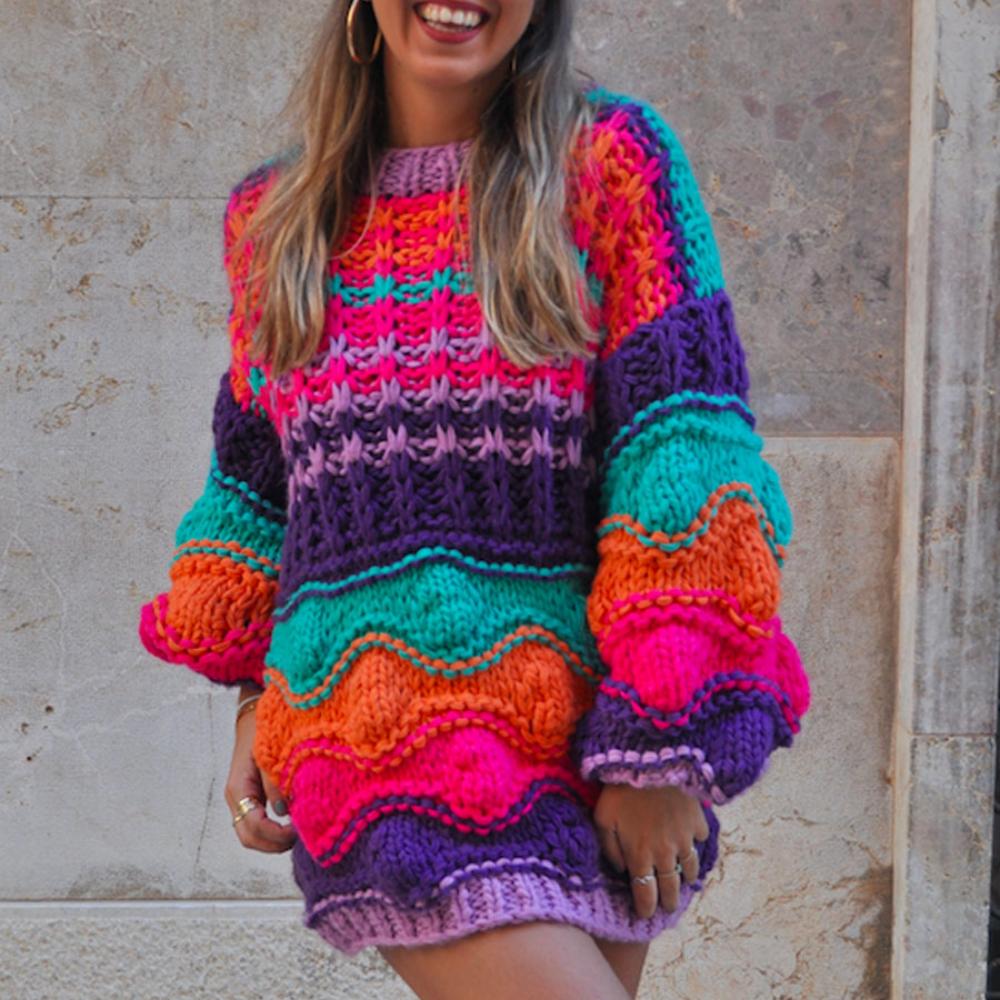 Rainbow Contrast Handmade Sweater Dress