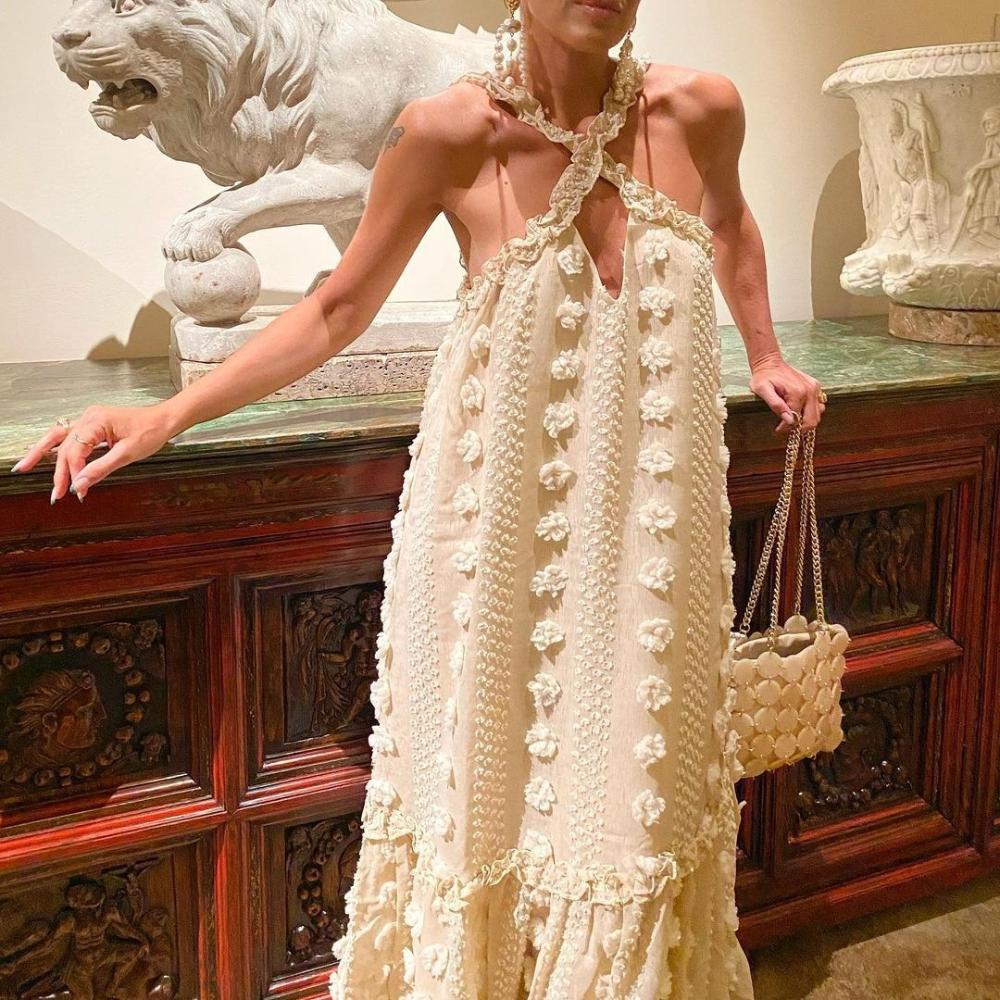 Women long dress halterneck three-dimensional floral lace