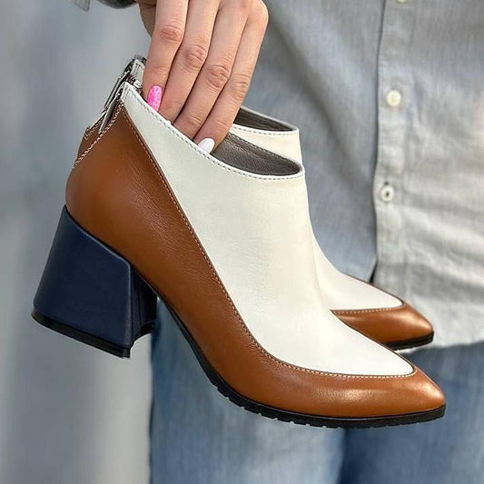 Colorblocked Leather Chunky Heel Women's Ankle Boots