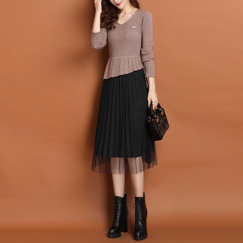 Cute V-neck Knitted Patchwork Lace Midi Dress