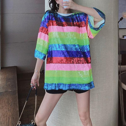 Sequin Oversized Dress Rainbow Stripe Mini Dress