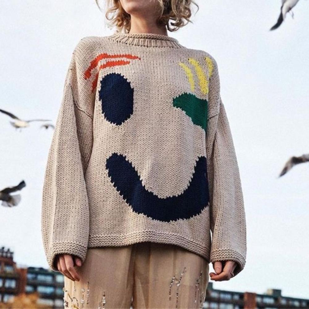 Loose Smile Print Contrast Color Crew Neck Sweater