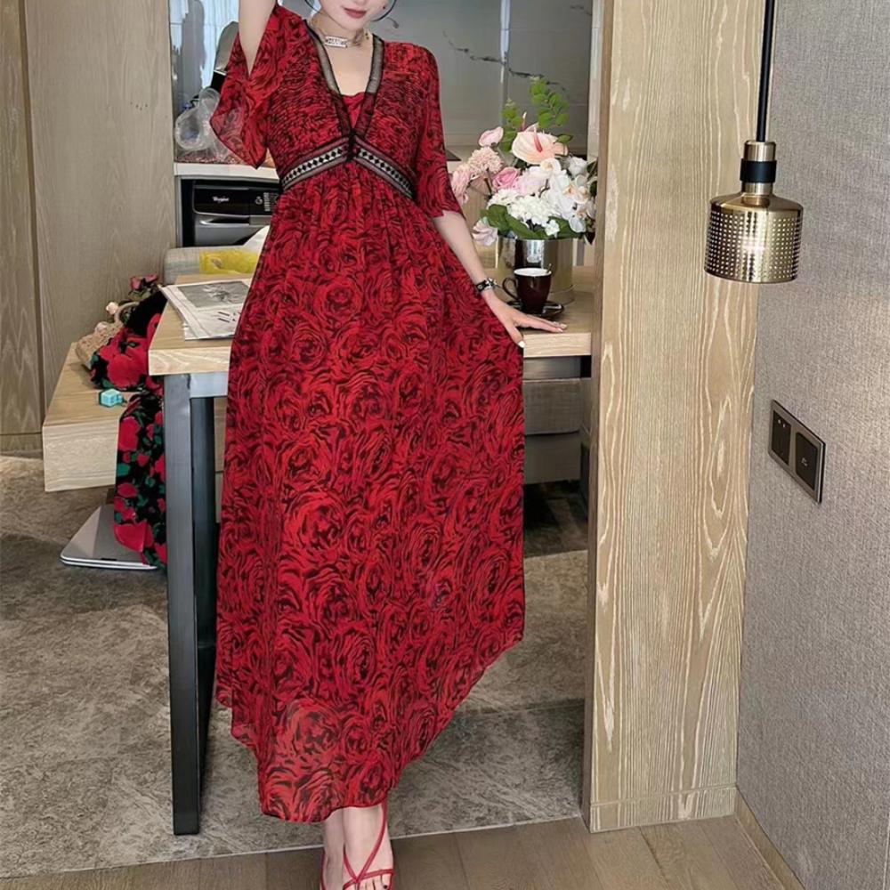 Elegant Chiffon Slim V-neck Rose Flower Maxi Dress