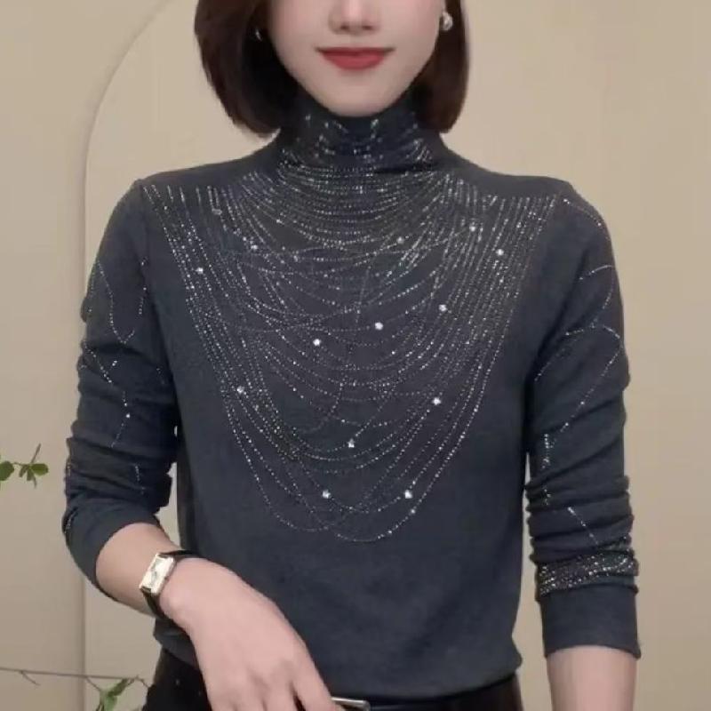 Cute Rhinestone Turtleneck Top