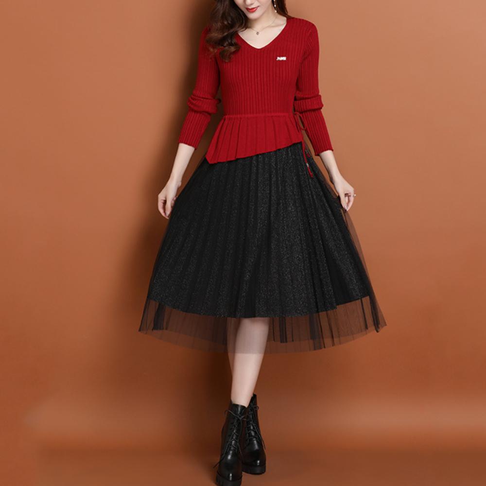 Cute V-neck Knitted Patchwork Lace Midi Dress