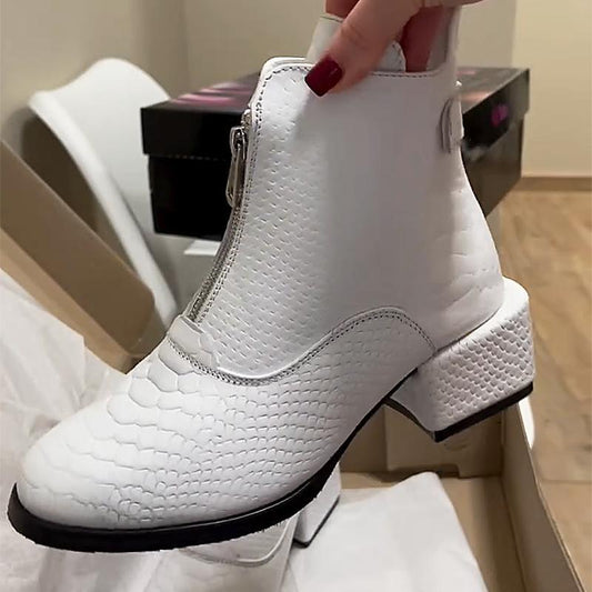 White Leather Embossed Women's Ankle Boots