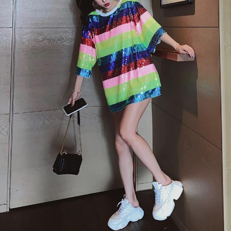 Sequin Oversized Dress Rainbow Stripe Mini Dress