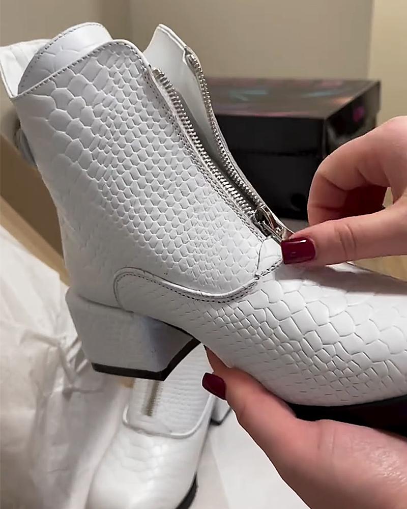 White Leather Embossed Women's Ankle Boots