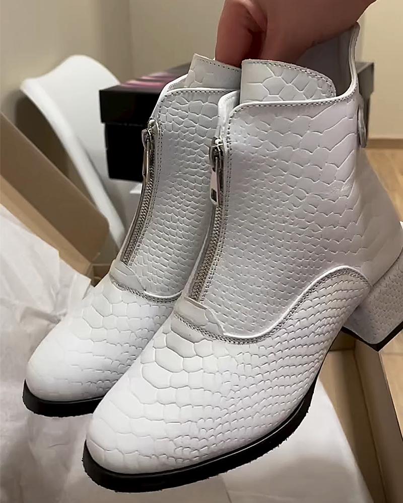 White Leather Embossed Women's Ankle Boots