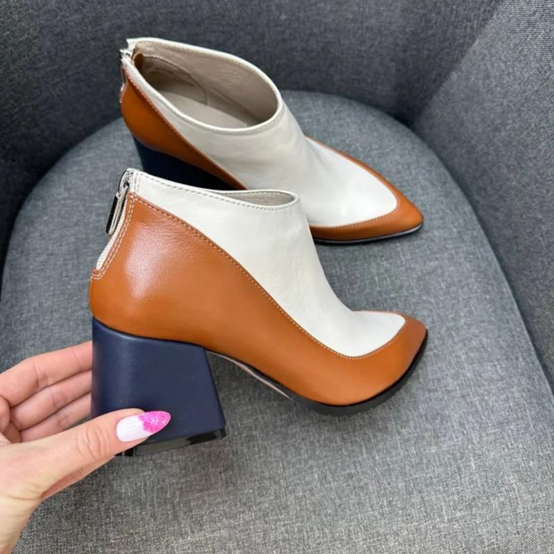 Colorblocked Leather Chunky Heel Women's Ankle Boots