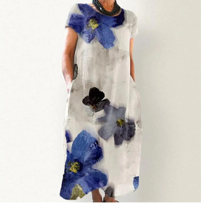 Special Blue Floral Print White Maxi Dress