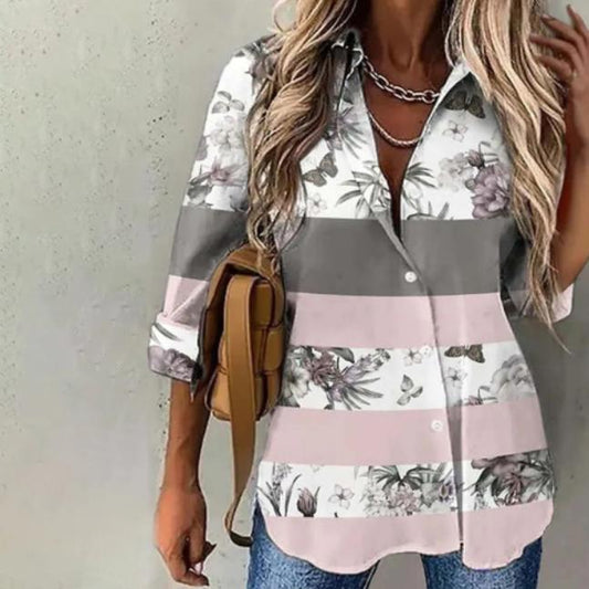 Stylish Print Collared Long Sleeve Top