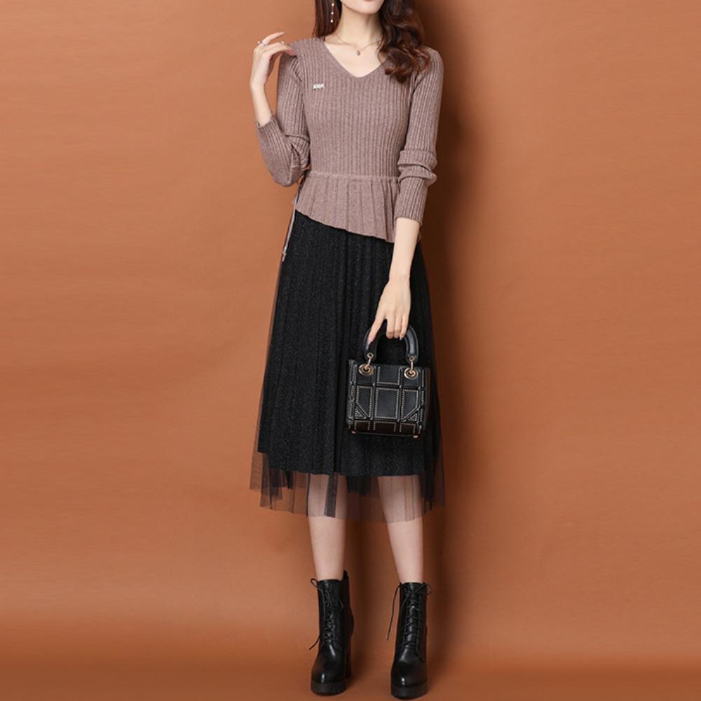 Cute V-neck Knitted Patchwork Lace Midi Dress