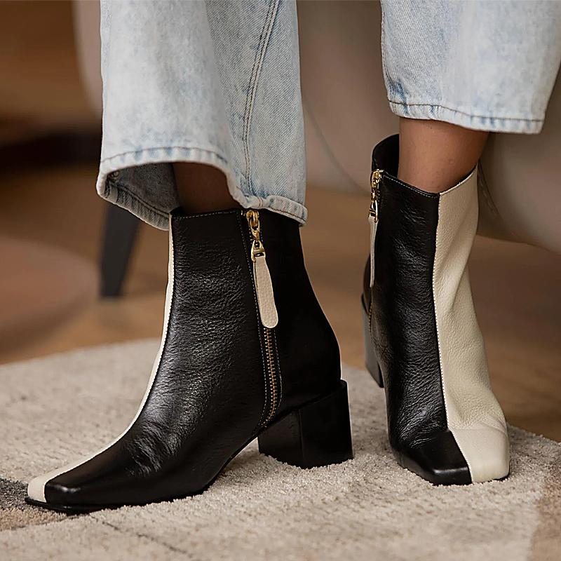 Women's Black&White Colorblock Ankle Boots