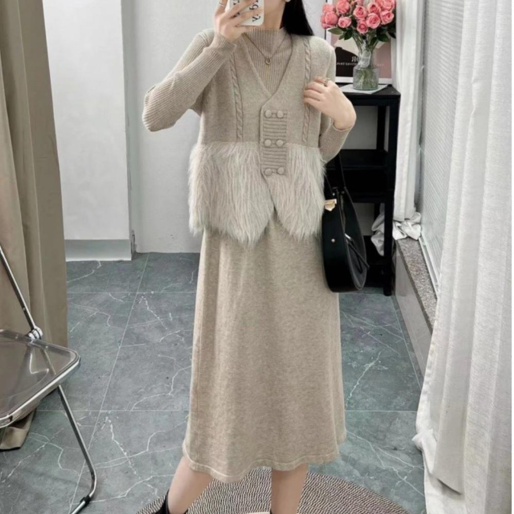 Cute Knitted Sweater Dress + Vest Two-piece Set