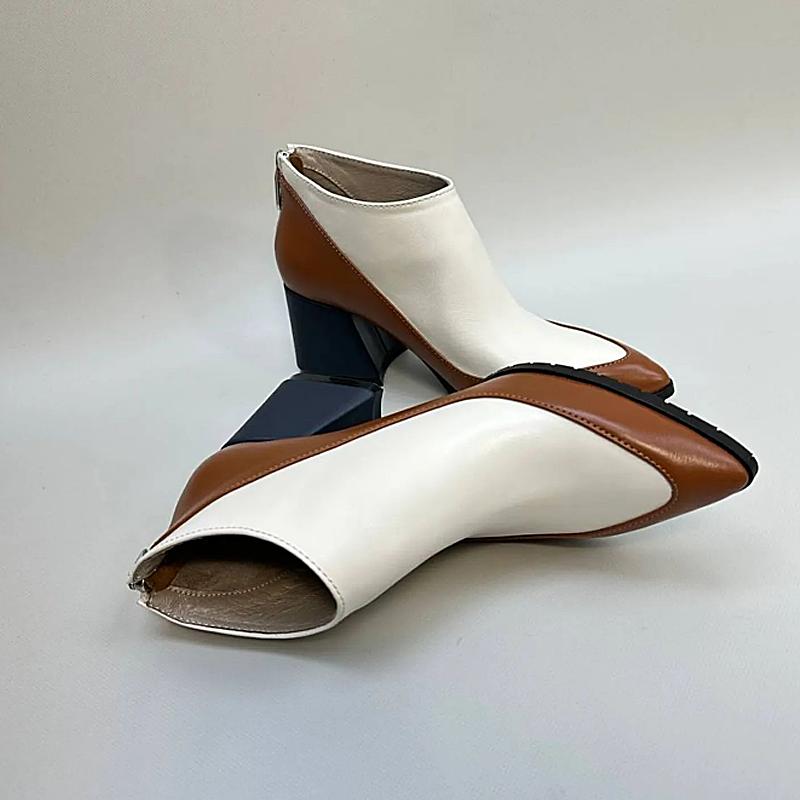 Colorblocked Leather Chunky Heel Women's Ankle Boots