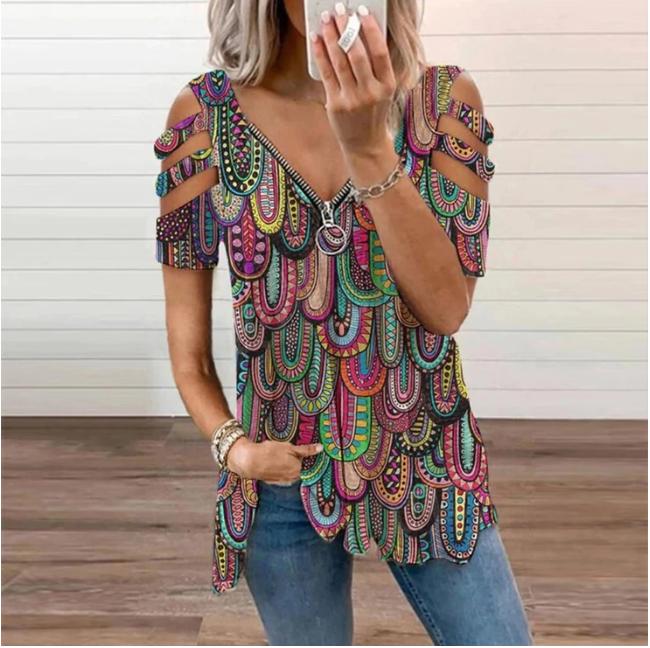 Strappy Caged Sleeve Colorful Retro Short Sleeve Top
