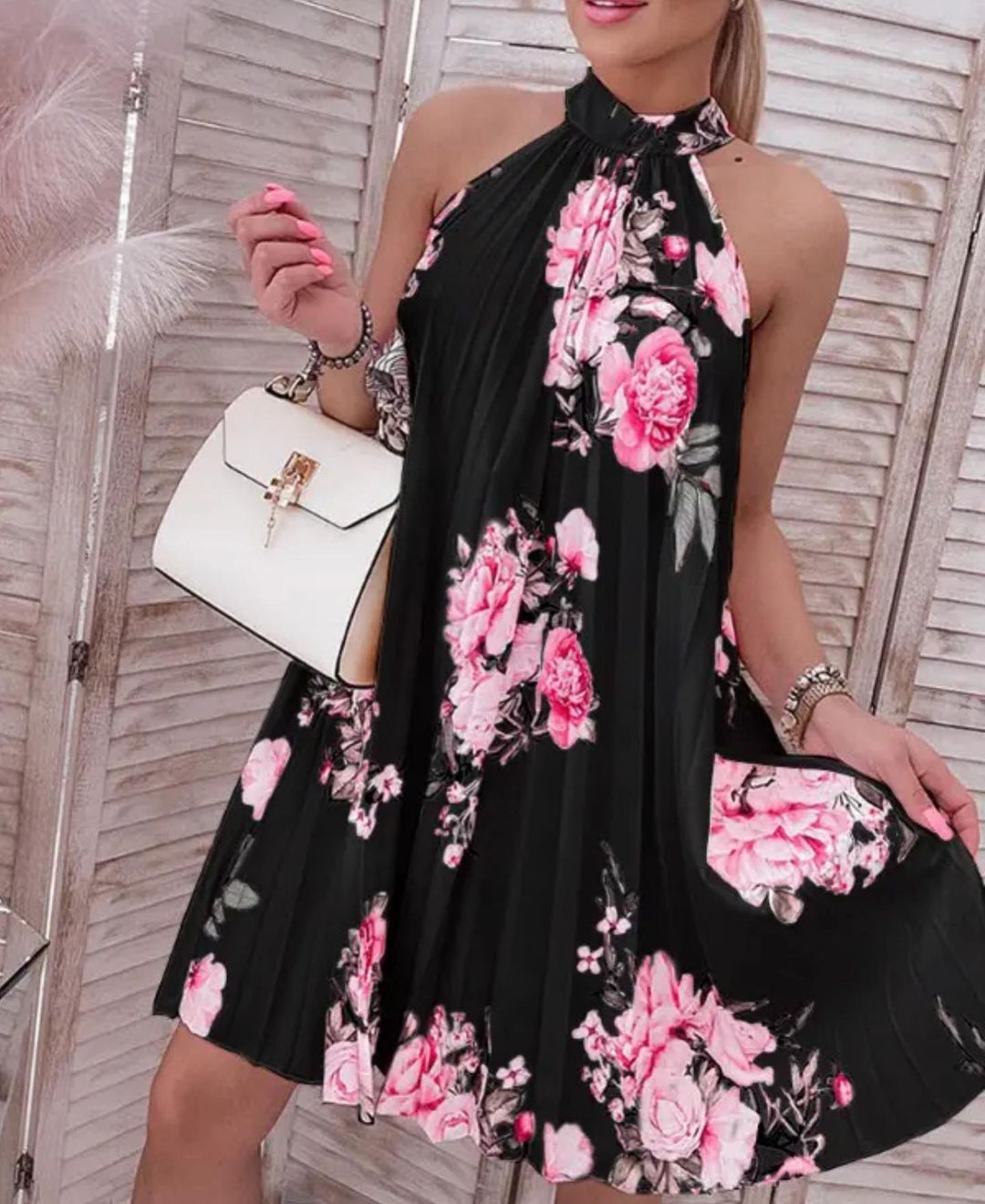 Elegant One-button Sleeveless Printed Pleated Dress