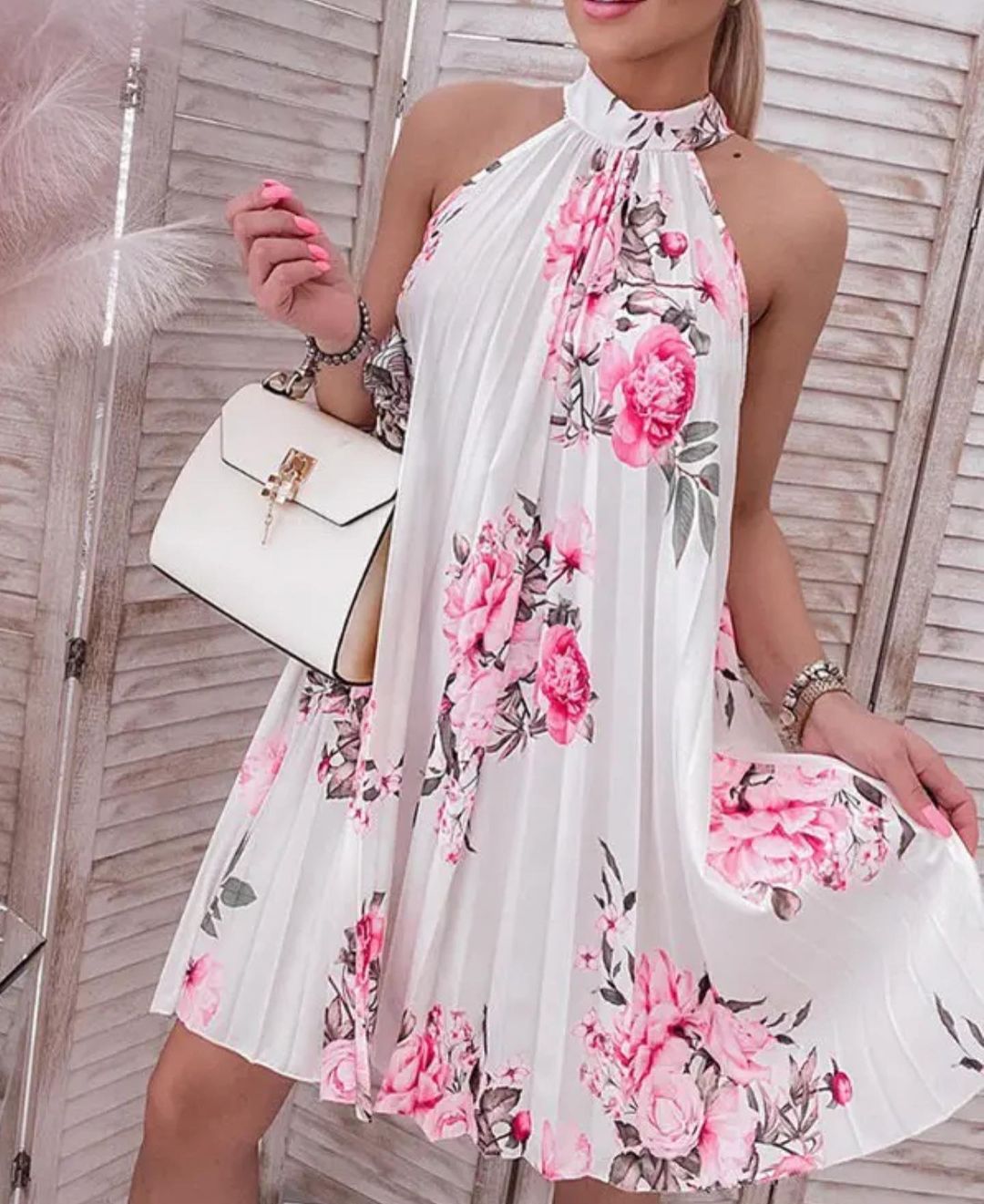 Elegant One-button Sleeveless Printed Pleated Dress