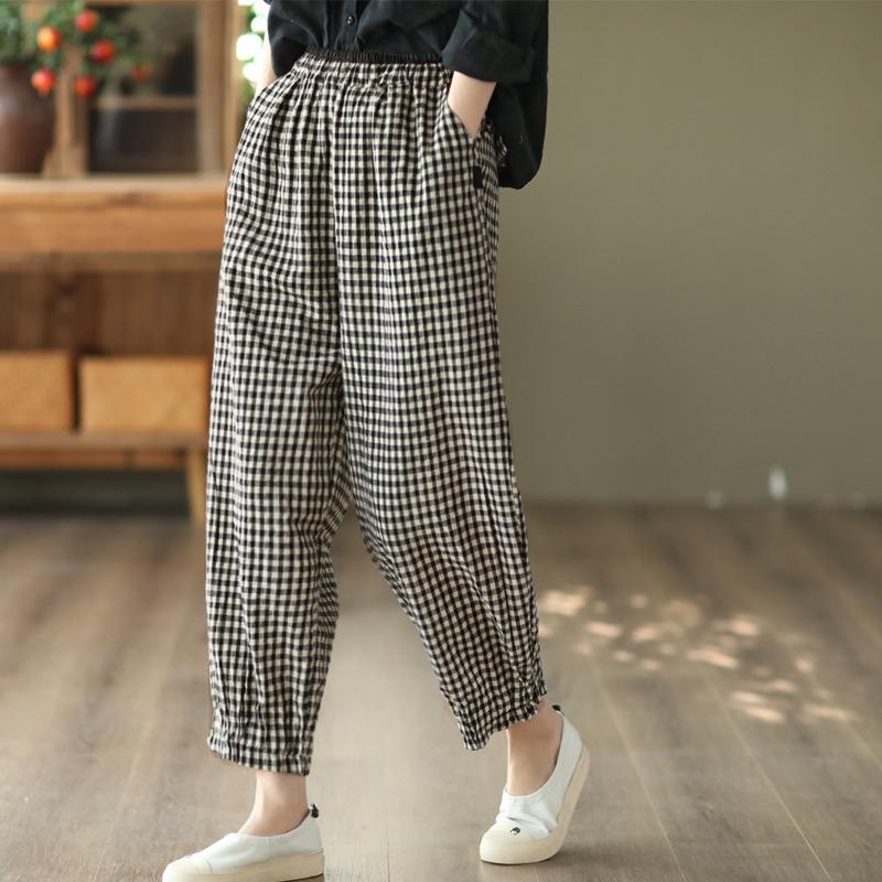 Cotton-linen Plaid Pants