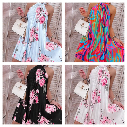 Elegant One-button Sleeveless Printed Pleated Dress