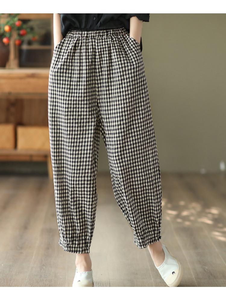 Cotton-linen Plaid Pants