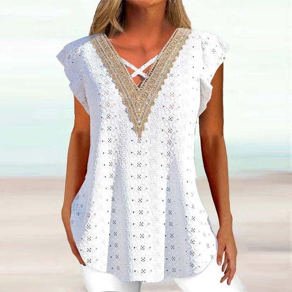 V-neck Lace Casual Solid Color Shirt