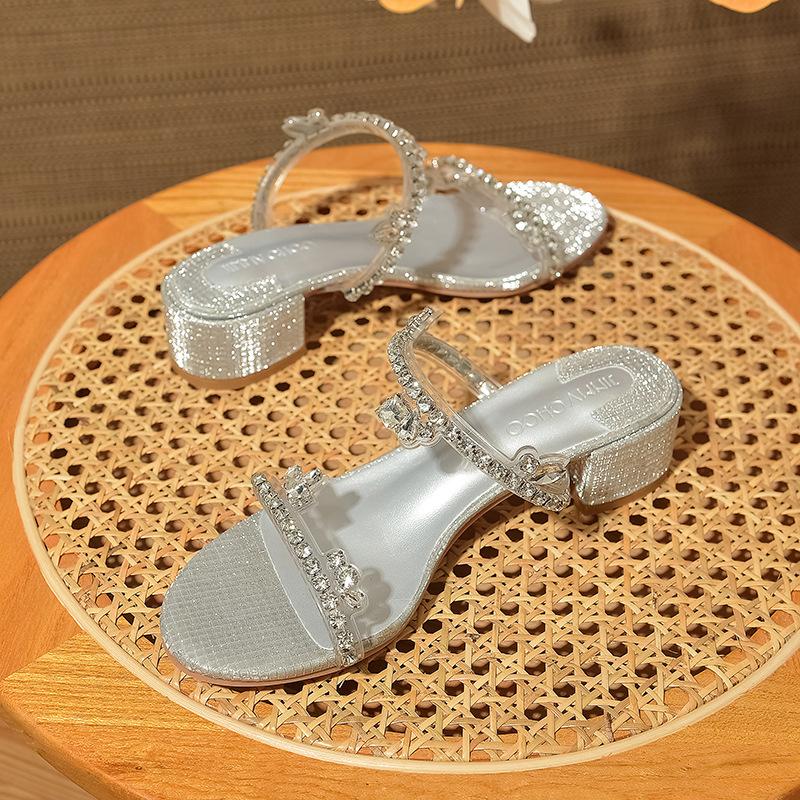 Silver fashion all-match chunky heel comfortable slippers