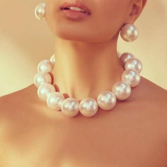 Oversized 30mm Bright Shell Bead Necklace Earrings Set